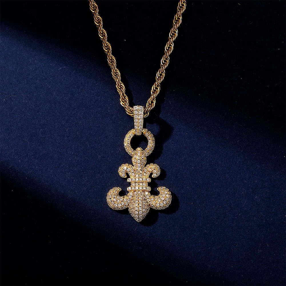 TOPGRILLZ New FLEUR-DE-LIS Pendant Necklace Full Iced Micro Pave Cubic Zirconia Hip Hop Punk Couple Jewelry For Party Gift